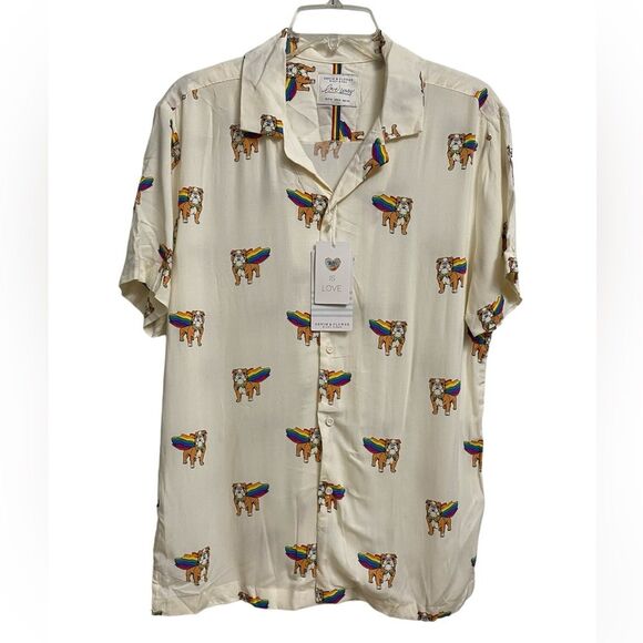 NWT Denim & Flower Button Up Bulldog Rainbow Print Shirt Sz M Soft Summer Beach - Picture 1 of 13